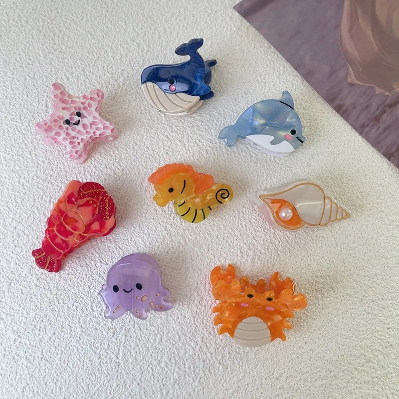 Unique Cute Ocean Small Acetate Hair Claw,Whale Seahorse Starfish Crab Design,Exquisite Side Bang Hair Clip Women Hair Accessory