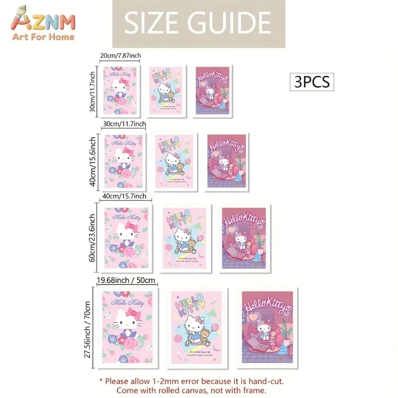 AZNM Unframed Canvas Wall Art Hello Kitty Floral Scooter Home Leisure Scene Sanrio Cartoon Poster Pink Tone Print Girls Bedroom