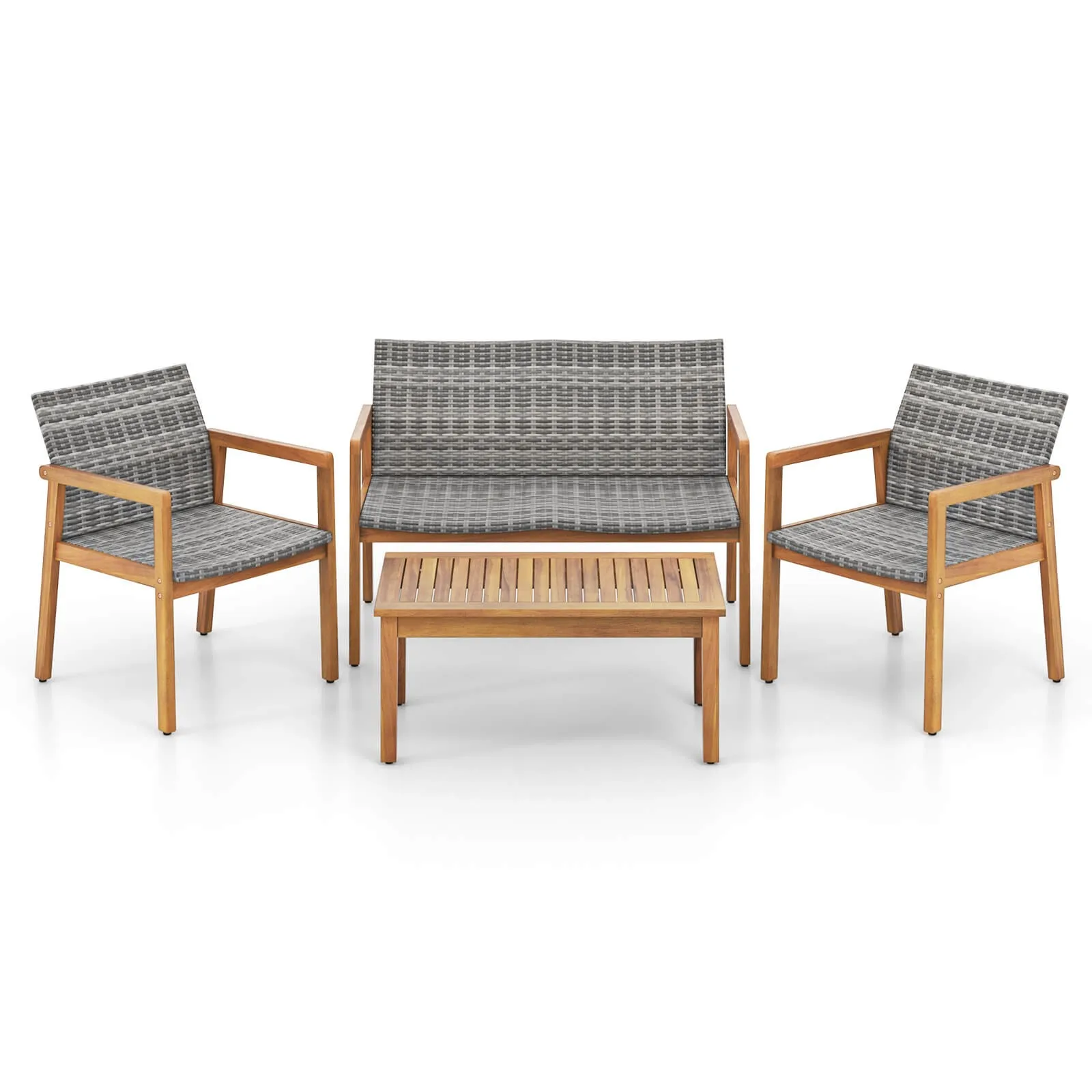 

4 Pieces Outdoor Furniture Set, Acacia Wood Frame Sofa Set w/ Rattan Seat