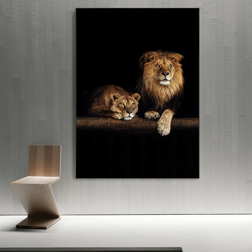 1PC--African Wild Lion Family Canvas Wall Art Animal Prints Dark Painting Family Pictures Home Decor Poster