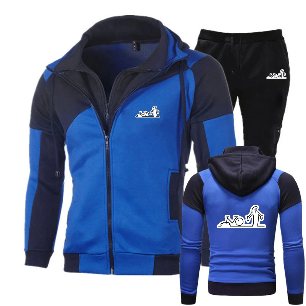 Engraçado la linea bicicleta incrível impressão 2025 primavera outono nova moda masculina cor combinando zíper moletom com capuz + calças terno de duas peças