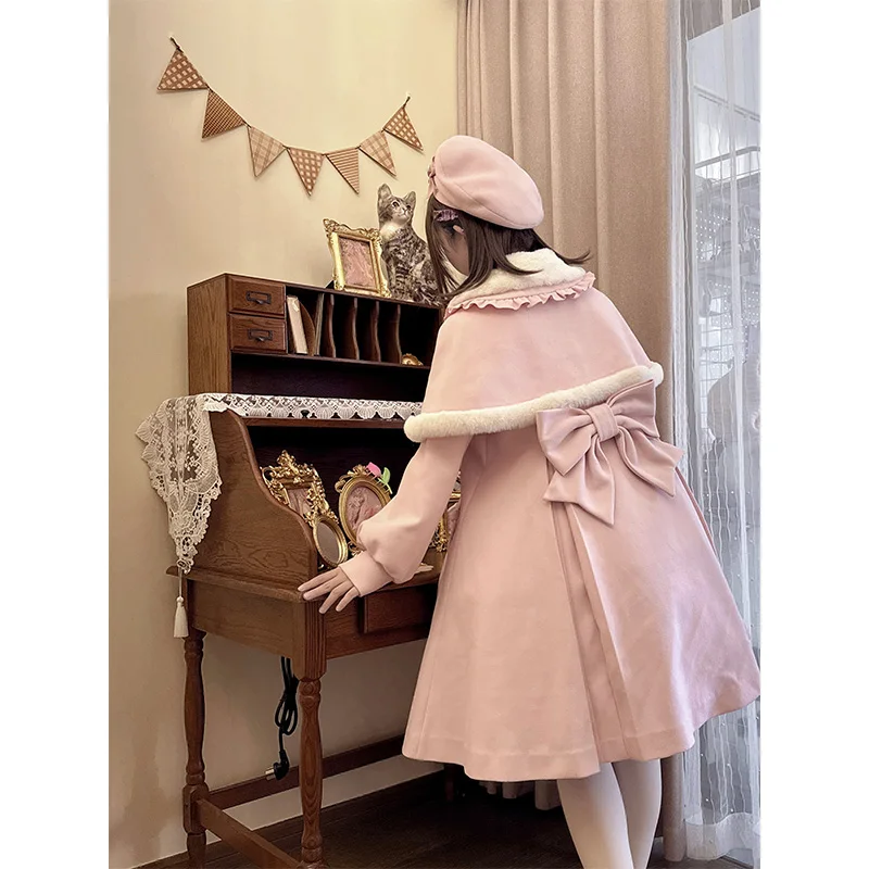 Original Japanese Retro Elegant Detachable Cape Fur Collar Bow Long Sleeve Sweet Versatile Woolen Long Coat Women Winter Jackets - Image 3