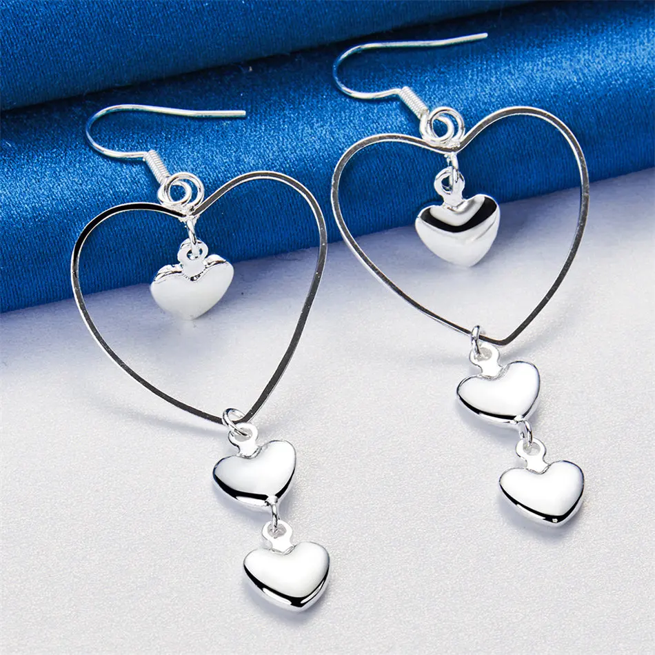 Exquisite 925 Sterling Silver Heart Tassel Earrings, Large and Small, Women's Gifts, Wedding Accessories, Fashion Jewelry