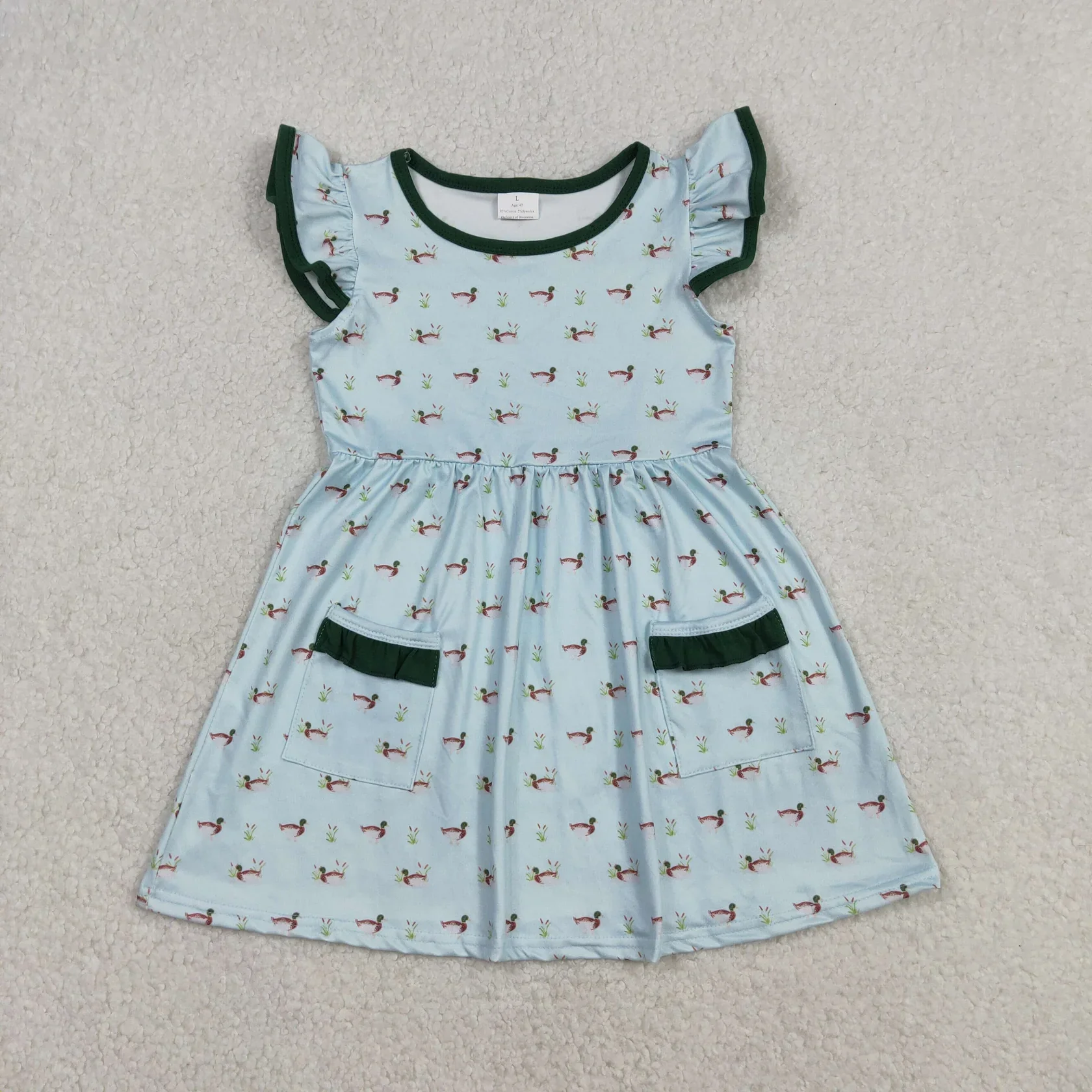Wholesale Baby Girl Clothes Children Kids Toddler Girls Short Sleeves Ducks Pockets Knee Length Dress Summer Clothing