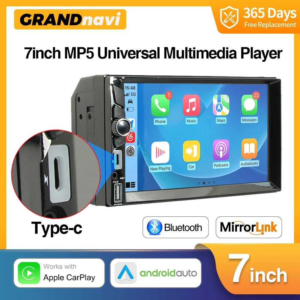 2DIN 7inch Car Multimedia MP5 Player Wired CarPlay Android Auto Mirrorlink Touch Screen AUX Bluetooth Type C USB Fast Charging