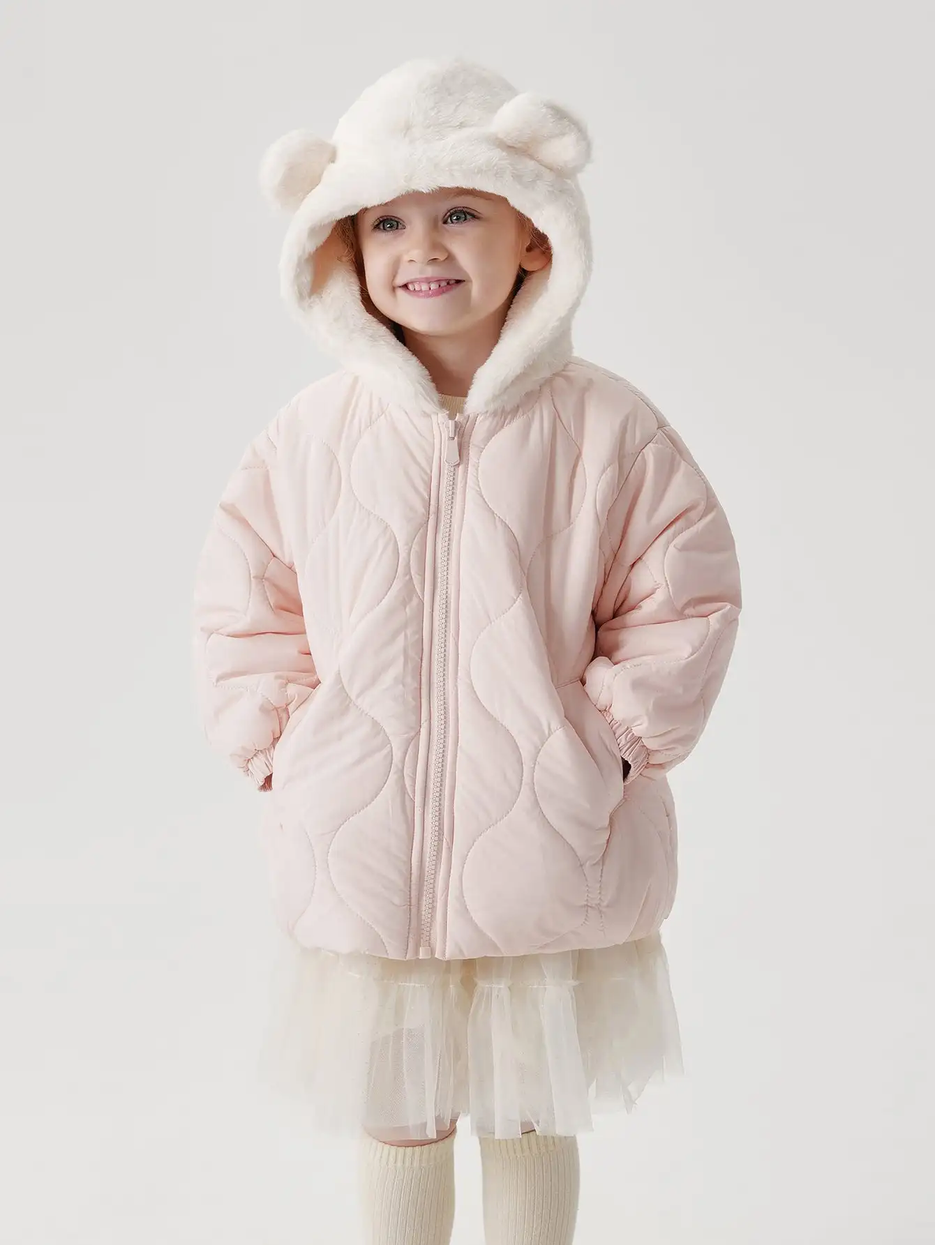 MARC & JANIE Girls Bear Ears Hooded Quilted Jacket Loose A-Line Full Zip Coat Warm Outerwear 241022