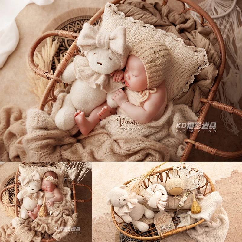 

Ins Style Newborn Photography Costumes Cute Bear Posing Doll Cream White Knitted Hat Blanket Baby's Full-Month Celebration Gift