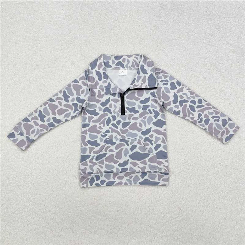 

Baby Boys Long Sleeve Tops Baby Boys Grey Camo Zip Pocket Pullovers Tops