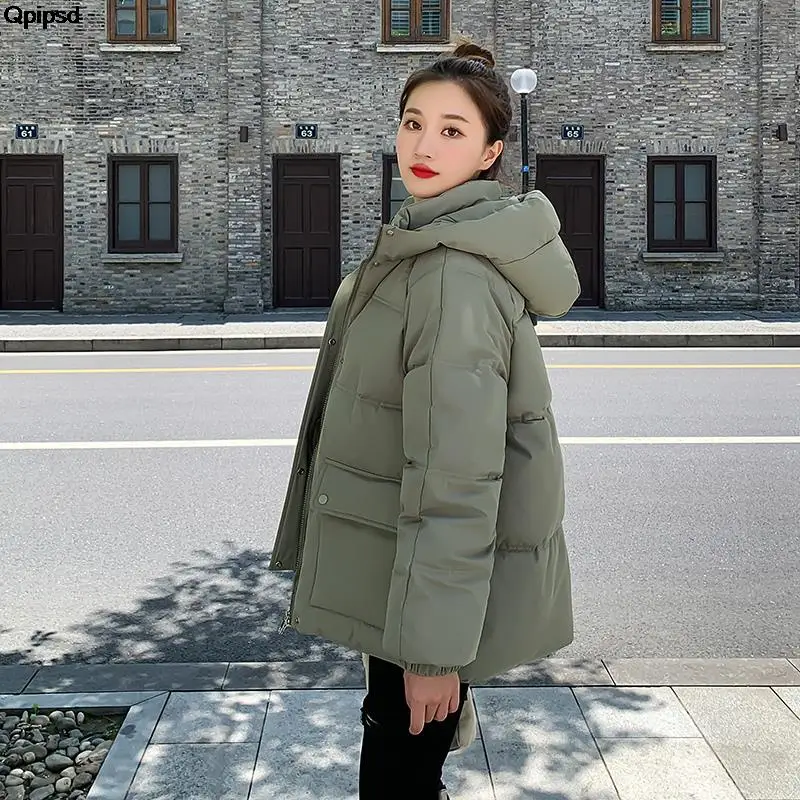 New Winter Women\'s Stand Collar Hooded Warm Parka Jackets Solid Big Pocket Button Ladies Zipper Loose Cotton Coat Winter Jacket