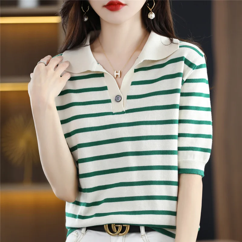 DjzDsm100% cotton thread knitted short sleeve T-shirt striped top Loose POLO neck ladies top 2024 summer new model