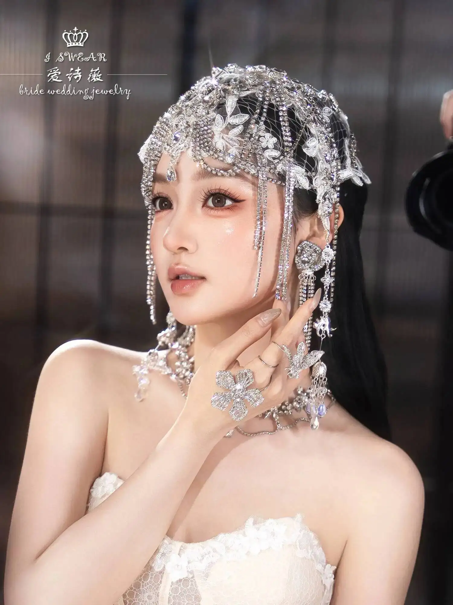 Exquisite Rhinestone Lace High-End Hat Fashion Hair Accessory for Bridal Makeup and Toasting Outfits in Photo Studios