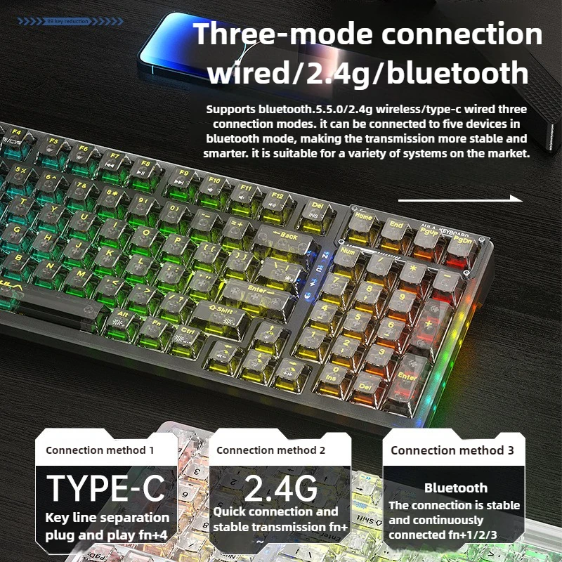 AULA F98 Wireless Mechanical Keyboard RGB Three Mode PC Transparent Keycap 99-key Hot-swappable Gasket Custom Game Keyboard