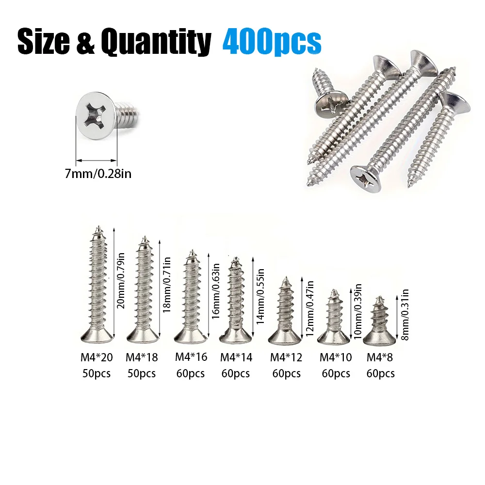 400 Pieces of M4 Stainless Steel Self-Tapping Screws (8mm, 10mm, 12mm, 14mm, 16mm, 18mm, 20mm) for Home Renovation and Maintenan