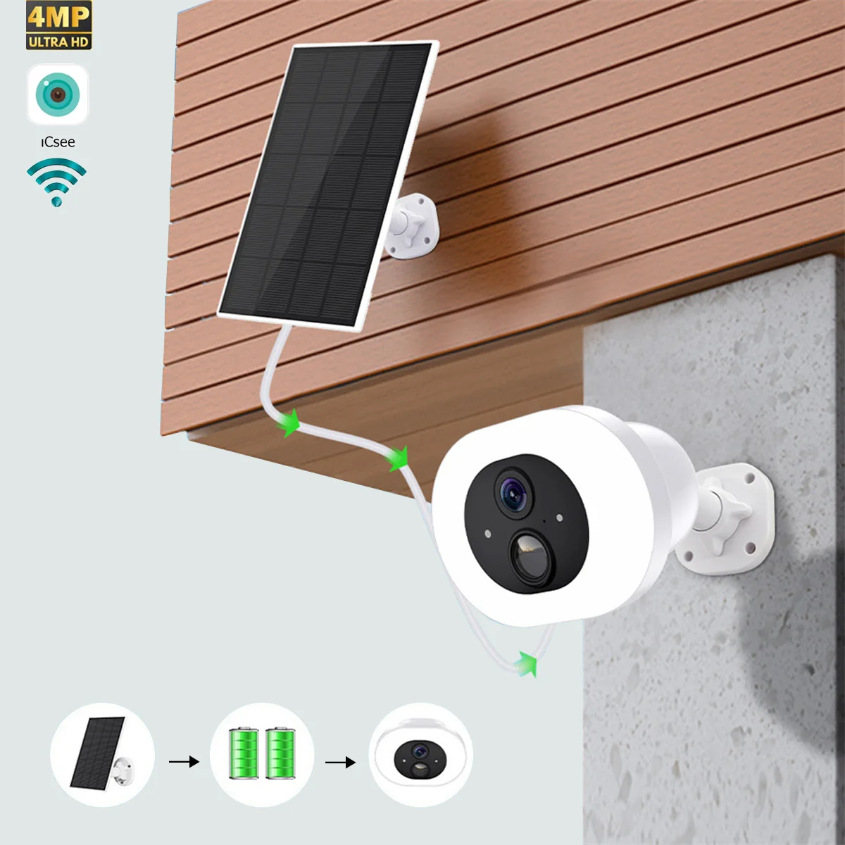 

ICSEE Wire-Free Solar Camera 4MP UHD, 12000mAh Battery, PIR Motion Sensor, Color Night Vision, Smart Siren, Alexa, App Control