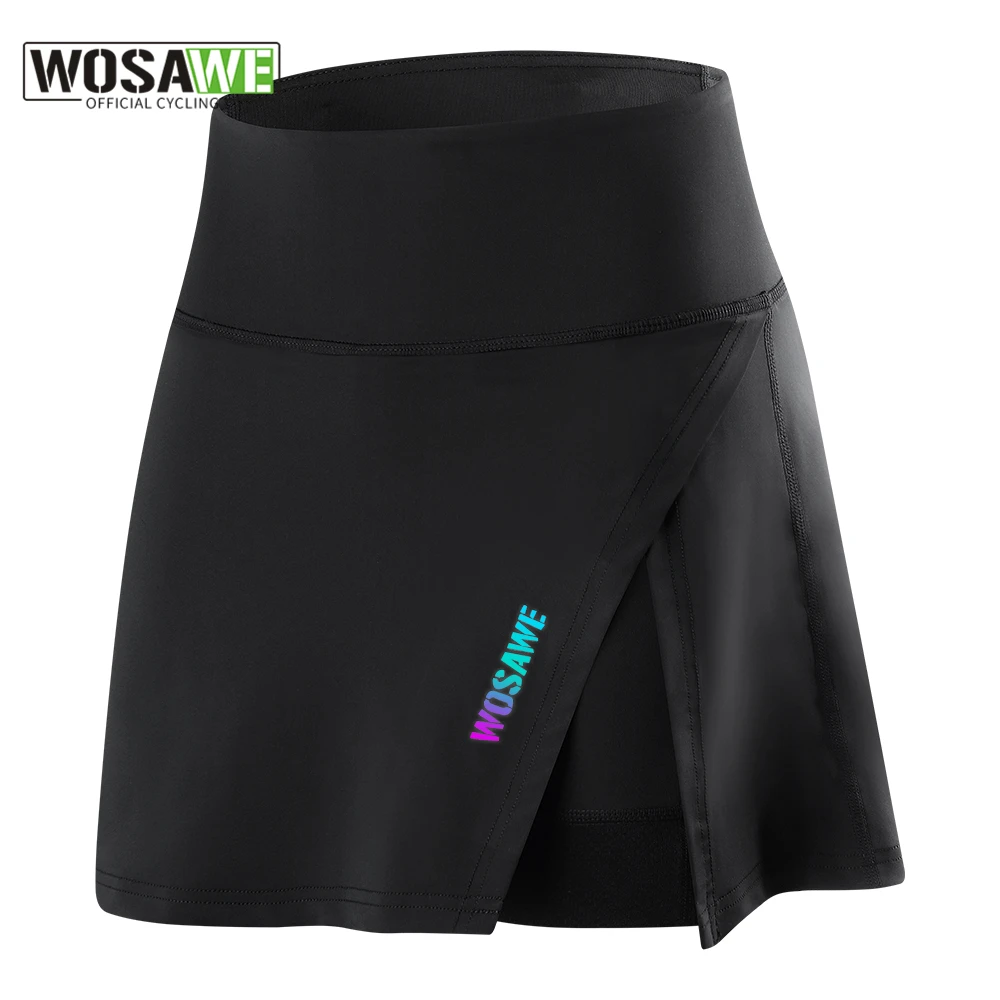 WOSAWE-Shorts e Saias de Ciclismo para Mulheres, Secagem Rápida, Meias Respiráveis com Gel Acolchoado, Logotipo Reflexivo, Saias de Bicicleta MTB, 2 em 1