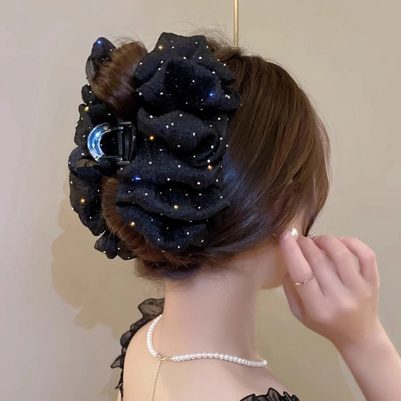 Fairy Mesh Rhinestones Hair Claw Clips for Women Big Sweet Multilayer Bow Hairgrip Solid Color Acrylic Headdress Accessories