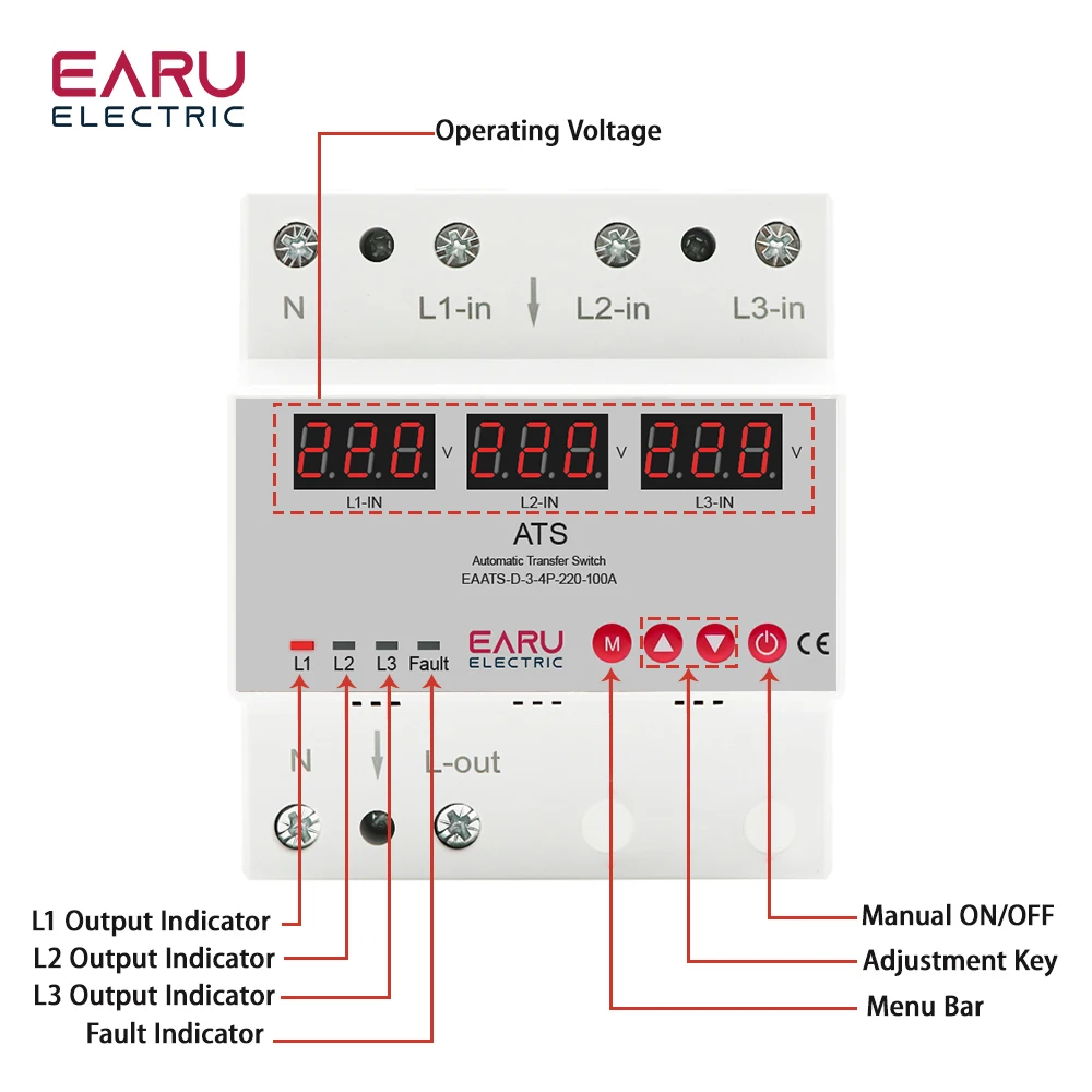 63A 100A 3 Phase 3P+N Over Under Voltage Protector ATS Automatic Transfer Switch Phase Selector Uninterrupted Power Over Current