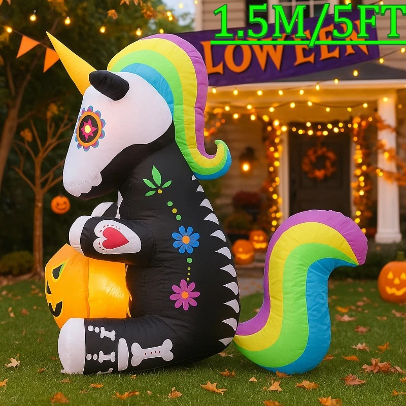 

1.5M/5FT Holiday Lighting Halloween Inflatable Toy Skeleton Unicorn Pumpkin Built-in LED Lights for Outdoor Yard Party Decor