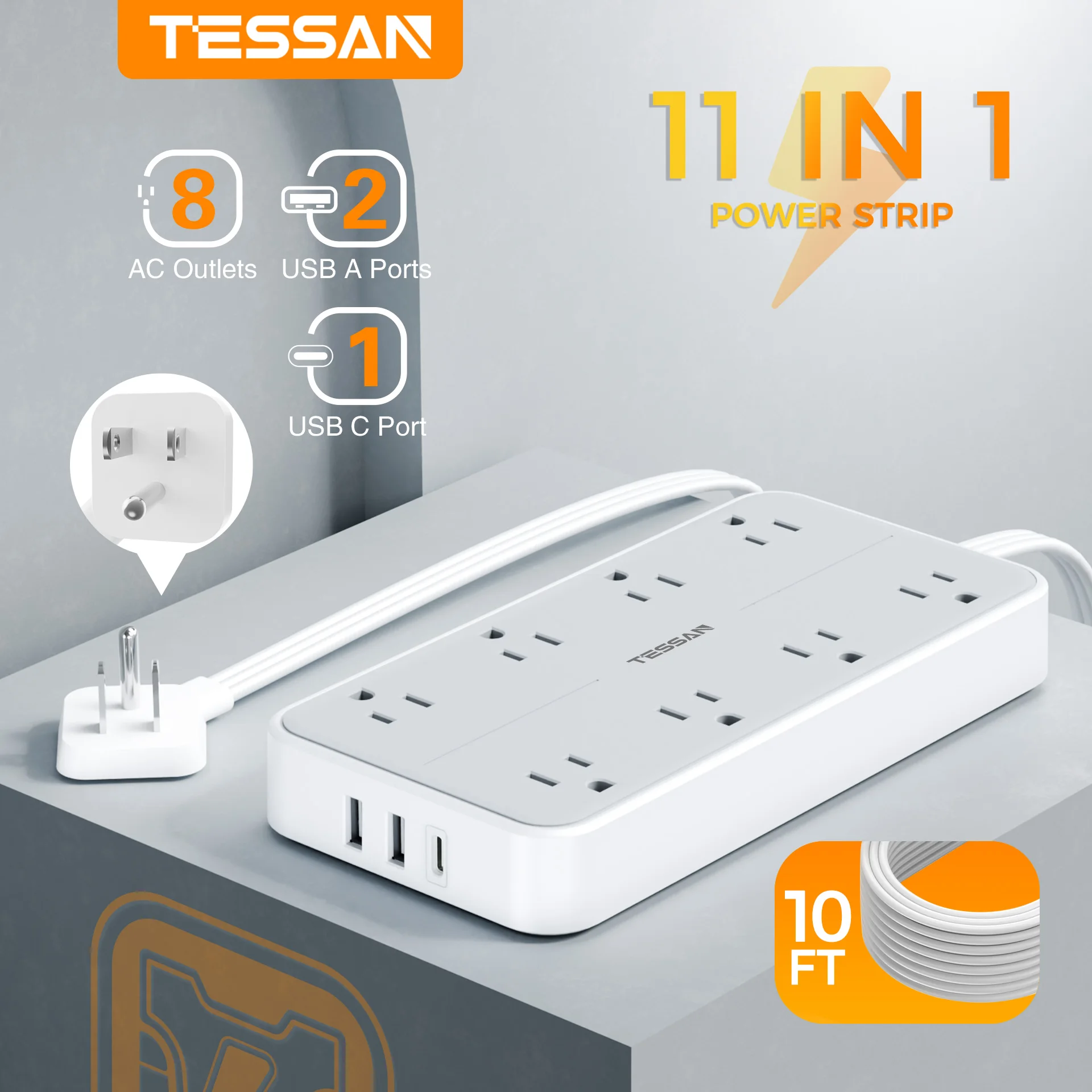 TESSAN Ultra Thin Power Strip with 8 Outlets and 3 USB Charger 6 FT Extension Cord Wall Charging Socket with 1080J Protection