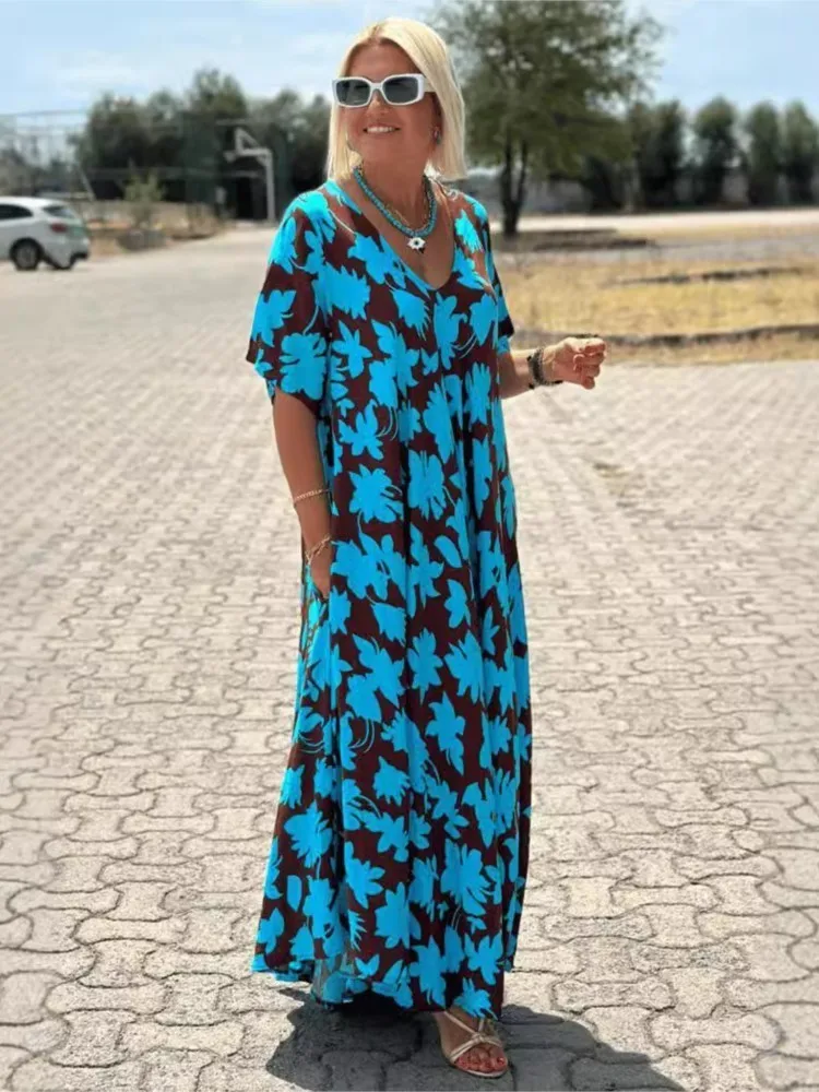 Fashion V-neck Short-sleeved Loose Dress For Women Spring And Summer Elegant Flower Printing Casual Loose Holiday Dresses Female