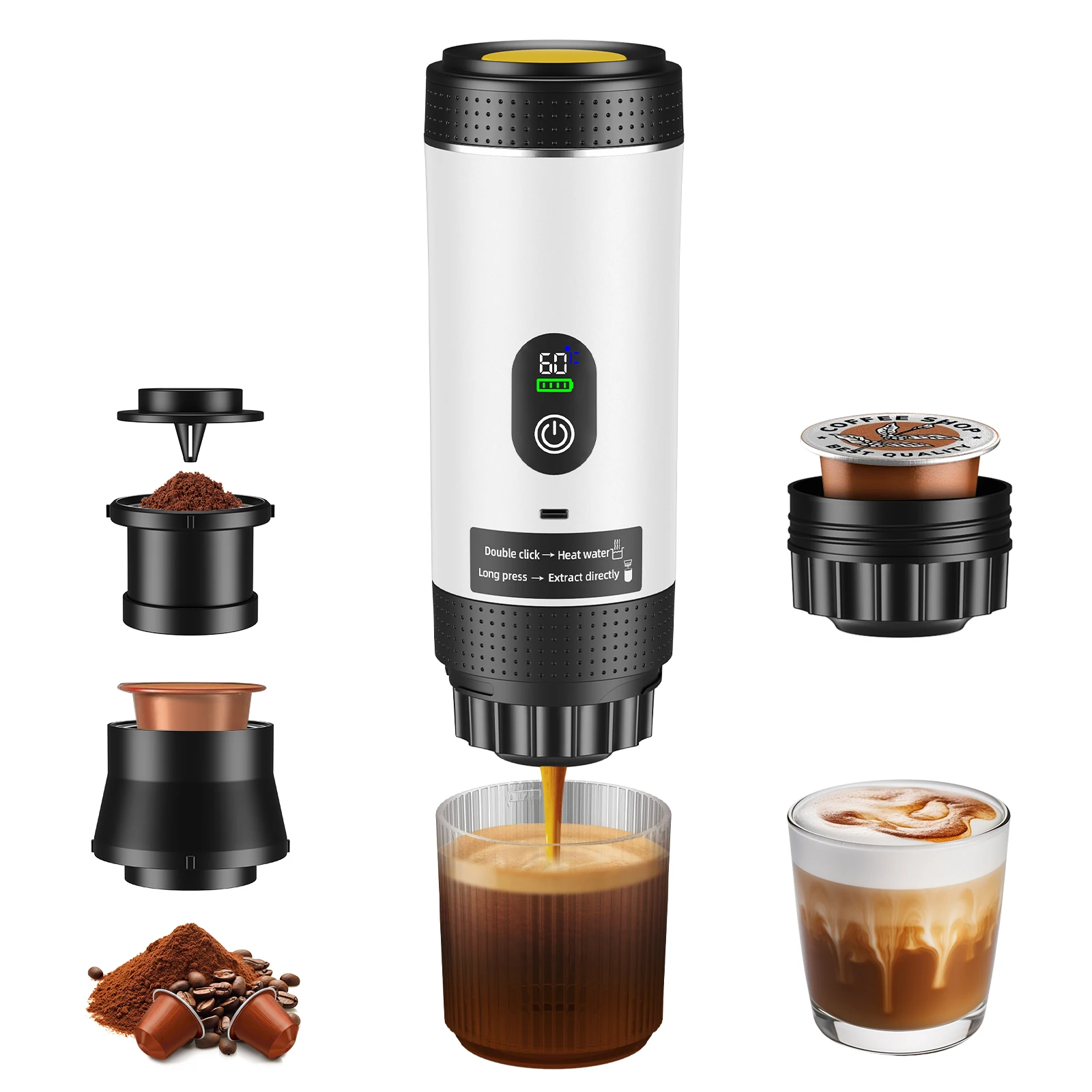 Machine à café expresso portable 3 en 1 avec écran numérique, cafetière à capsules pour voiture et camping à domicile