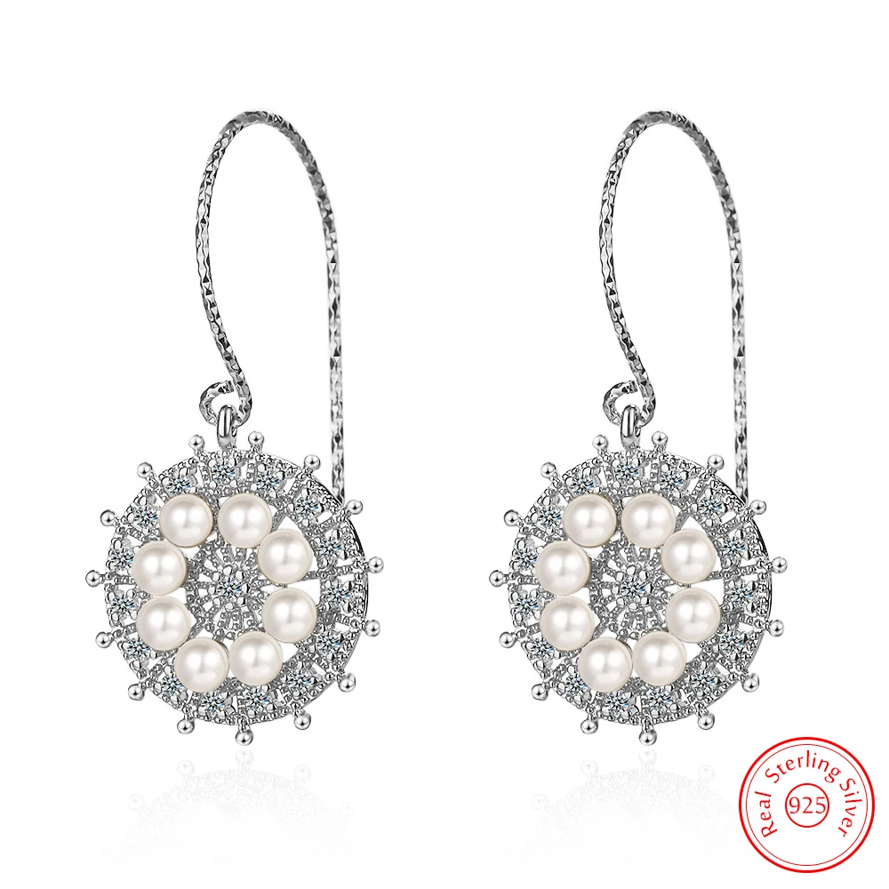 

Pure 925 Sterling Silver Jewelry Zircon Crystal Pearl Round Drop Earrings For Lady Fashion FQL25060