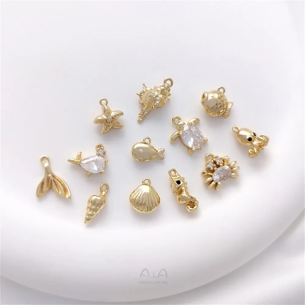 14K Gold Wrapped Sea Creature Conch Scallop Starfish Whale Pendant Handmade DIY Bracelet Ear Jewelry Pendant