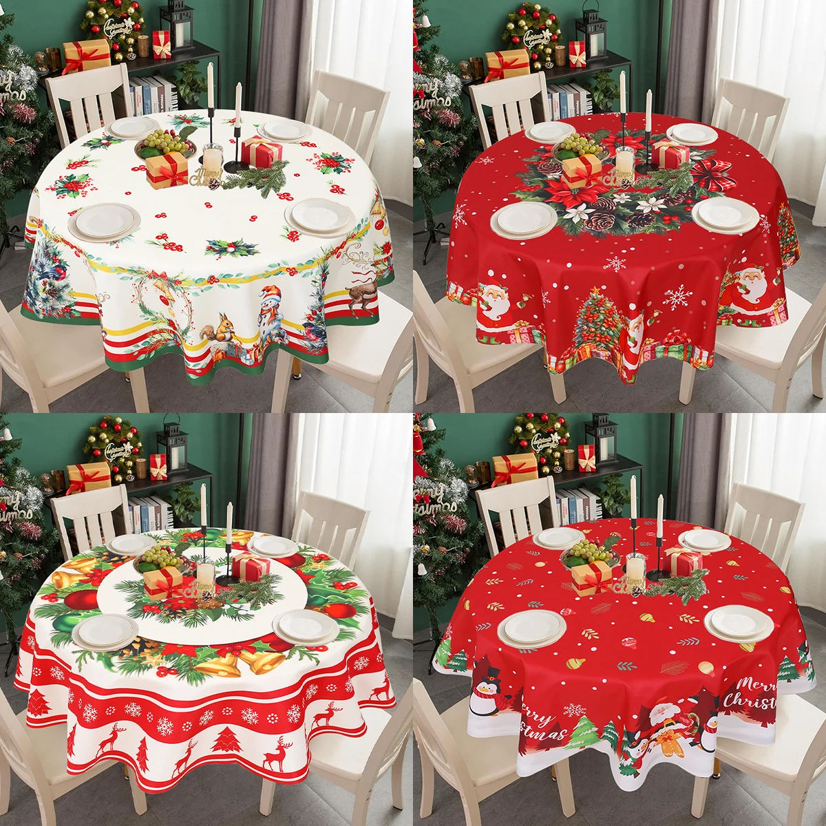 150cm natale babbo natale renna pupazzo di neve fiocchi di neve tovaglia rotonda tovaglia impermeabile resistente al PE decorazioni per feste di