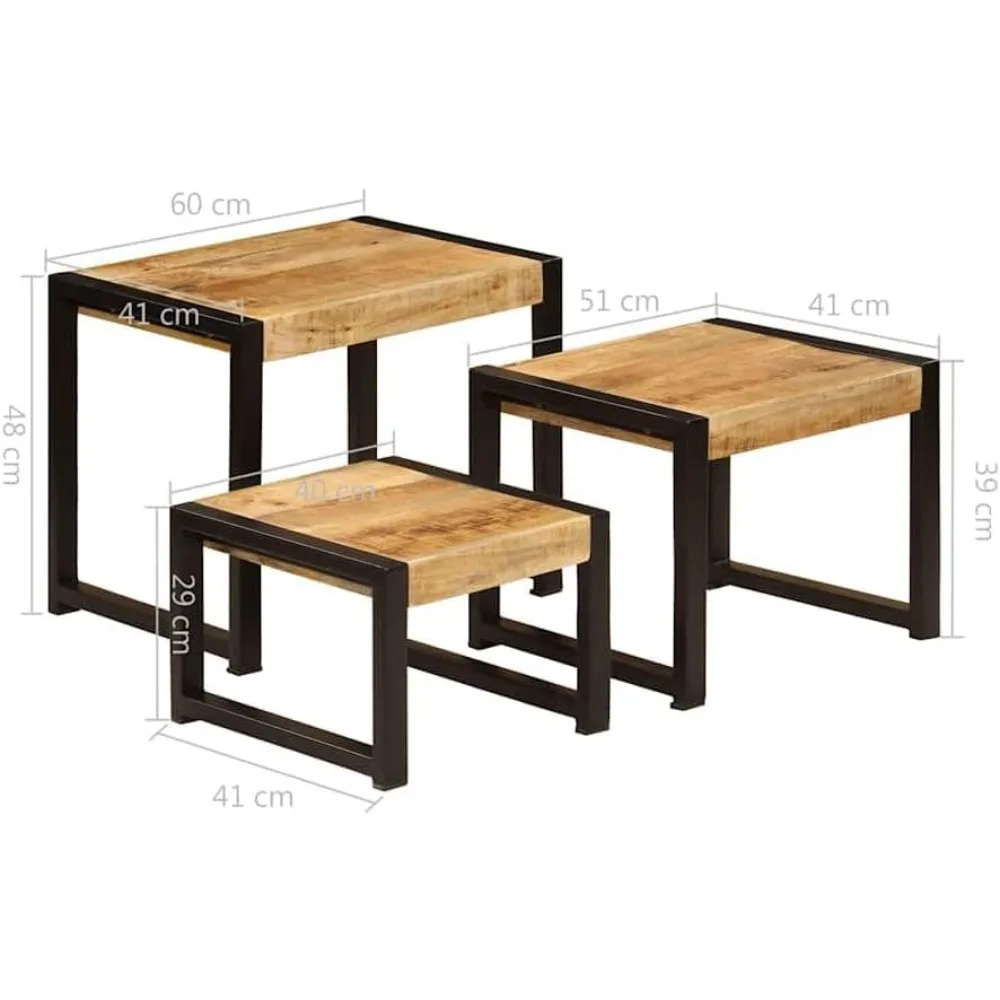 مجموعة طاولات متداخلة من خشب المانجو العتيق مكونة من 3 قطع بتصميم قابل للتكديس، ولمسات سوداء لاستخدام غرفة المعيشة #3