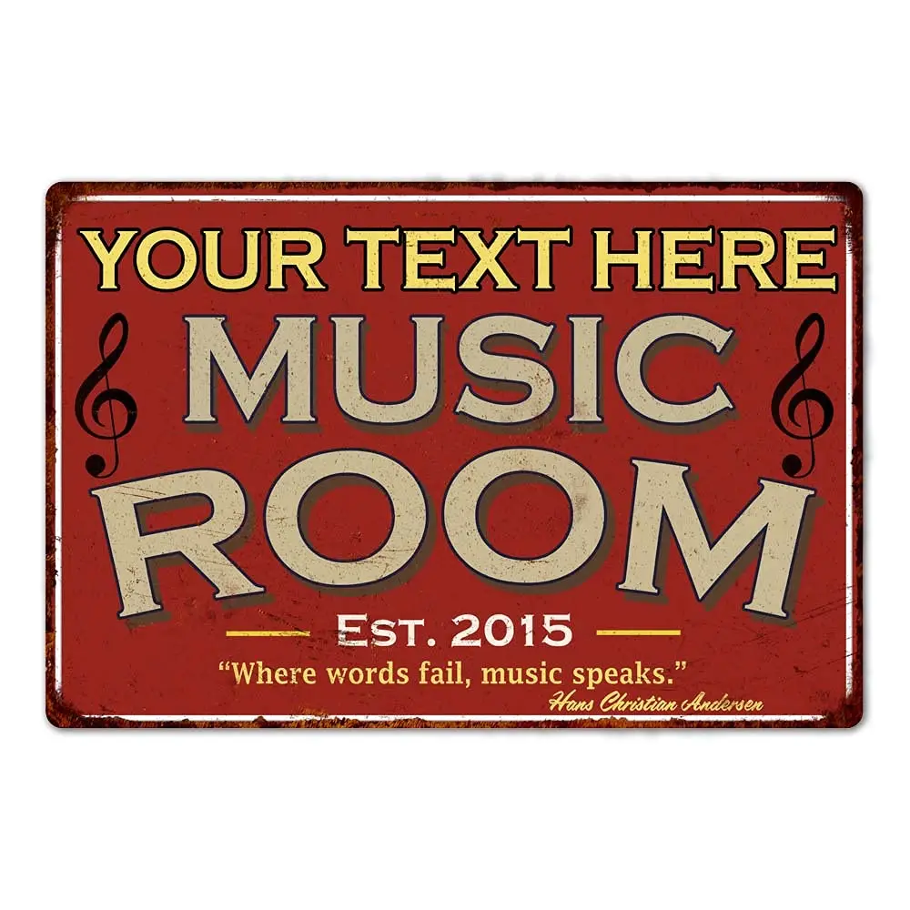 Personalized Music Room Sign Red Signs Vintage Tin Wall Art Décor Song Decorations Instrument Guitar Piano On-Air Plaque Him Her