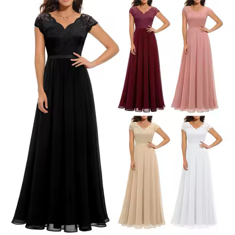 Elegant Lace Splicing Women's Dress Chiffon Bridesmaid V-Neck Evening Dress Party Prom Bride Wedding Guest Lace Maxi Dress