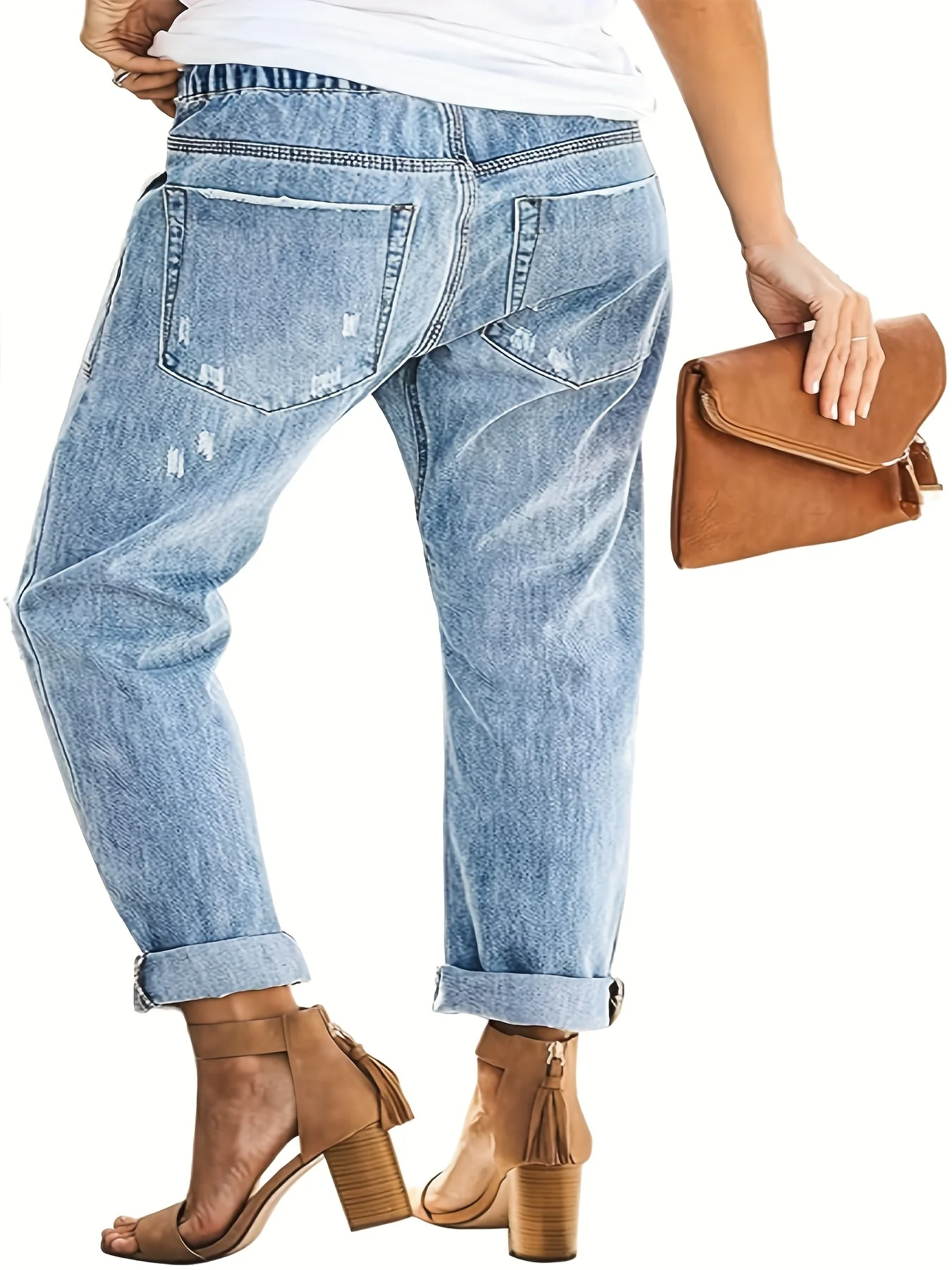 レディースファッション ウォッシュライトブルー 大きめポケット ドローストリング ゴムウエスト 縮み穴入り ストレートカジュアルジーンズ