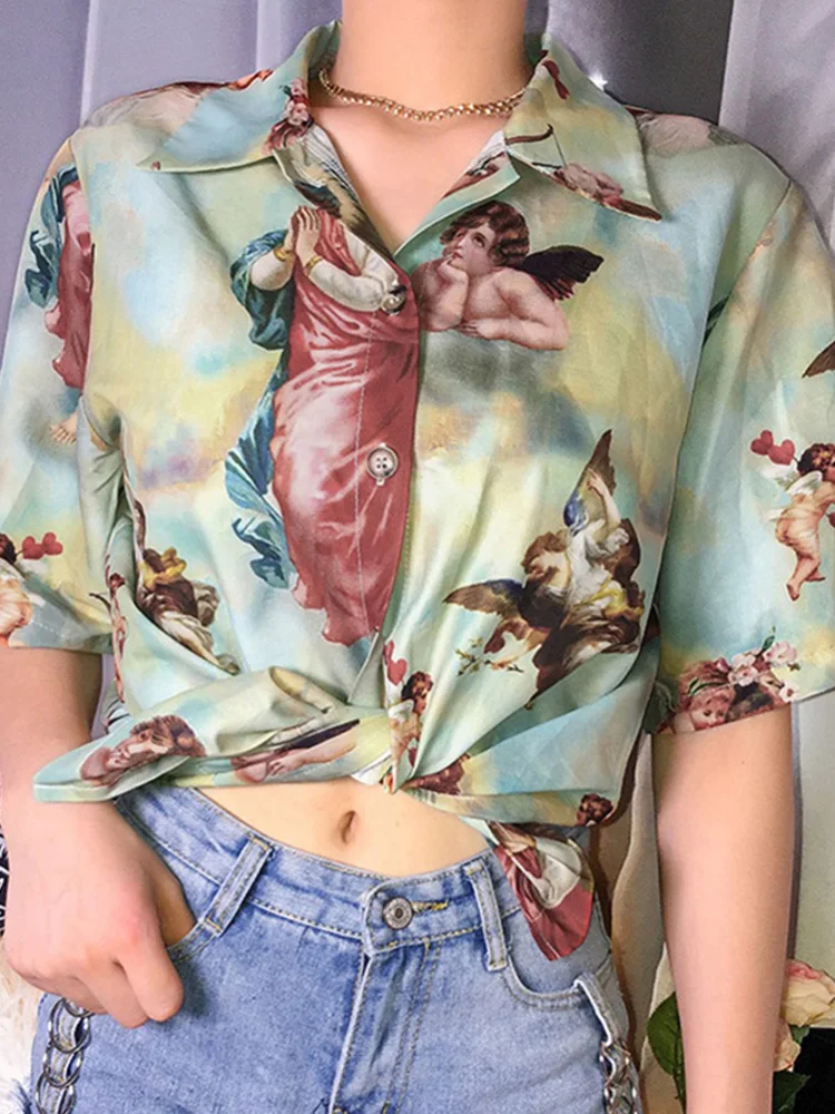 Vintage Aesthetic Cupid Angel Print Women\' Blouse Shirt Cardigan Short Sleeve Summer Top Graphic Blouse Women Clothes 2024 New