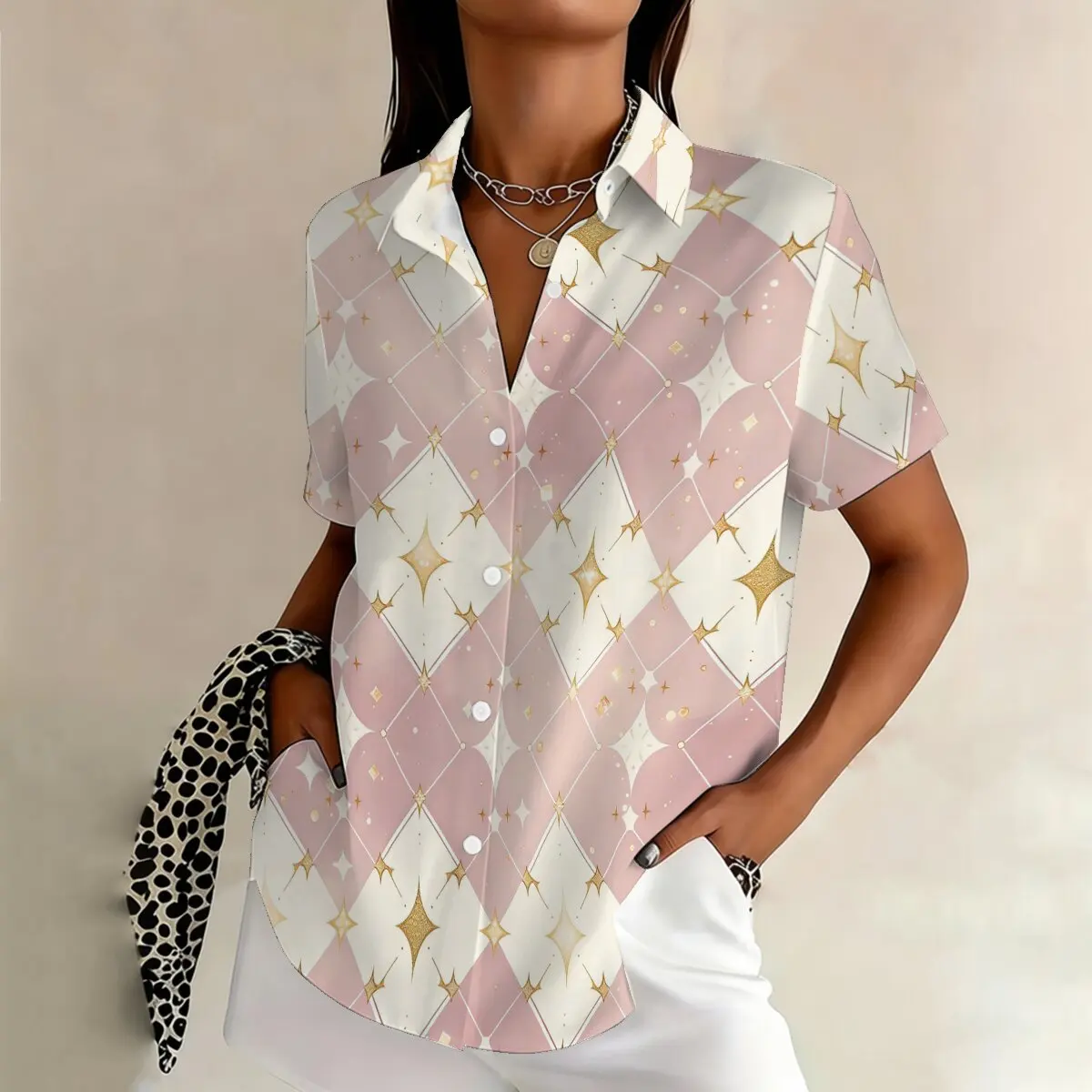 

Summer fashion plus-size women's short-sleeve lapel shirt, pink-white diamond pattern, dreamy retro, gentle sweet & cool style
