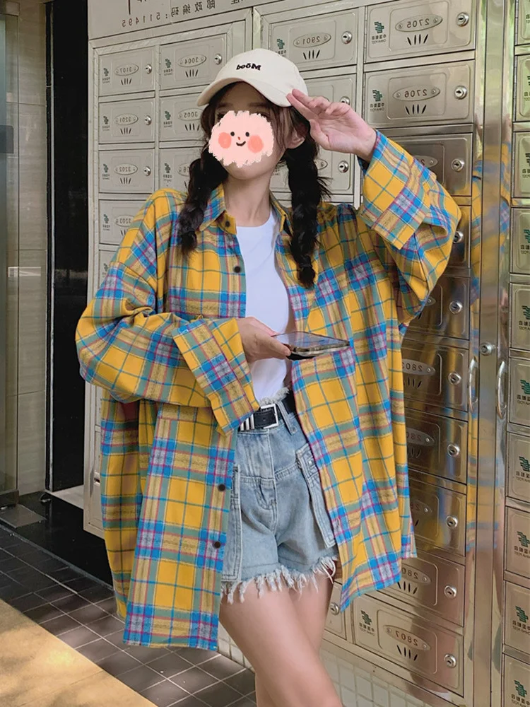

Retro American Yellow Plaid Women's Loose Sun Protection Long Sve irt Thin Outerwear Mid-Length Casual Ne Design