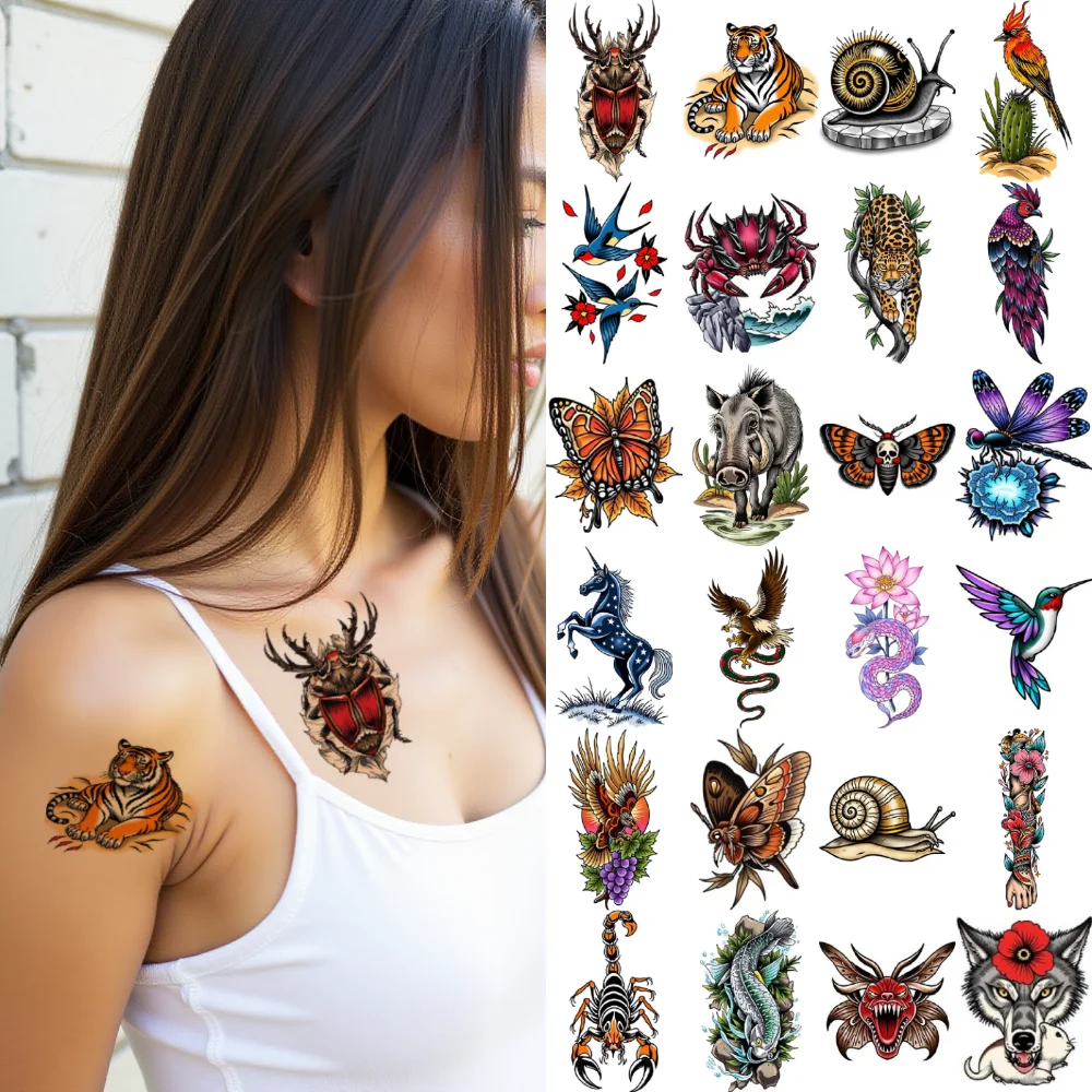 

28pcs Temporary Tattoo Waterproof Long-lasting Body Stickers Hummingbird Wolf Head Scorpion For Arms Men Shoulders