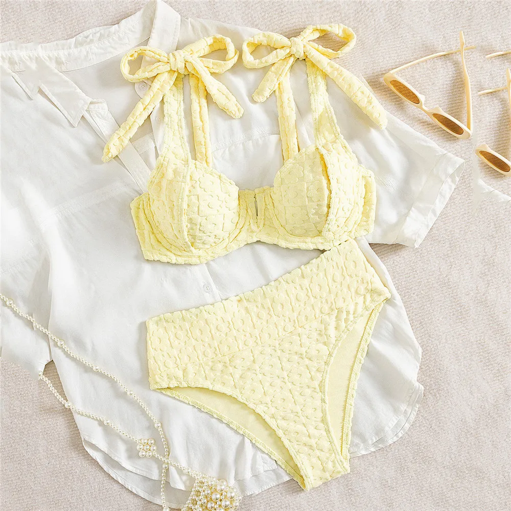 

Светло-желтый купальник с цветочным тиснением, комплекты бикини с эффектом пуш-ап, сексуальные купальники для женщин, 2022, бант на бретельках, завязанный купальный костюм, бикини Mujer
