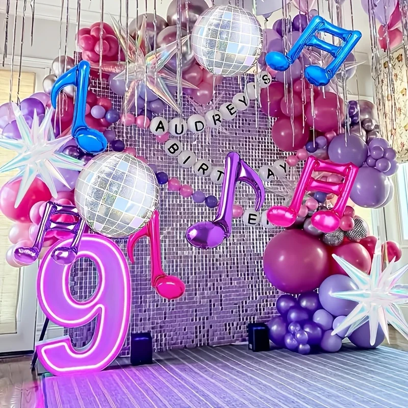 11pcs Pink And Purple Note Disco Ball Balloons, Suitable For Fan Parties, Karaoke, K-pop Birthday Rock Pop Decor Balloons