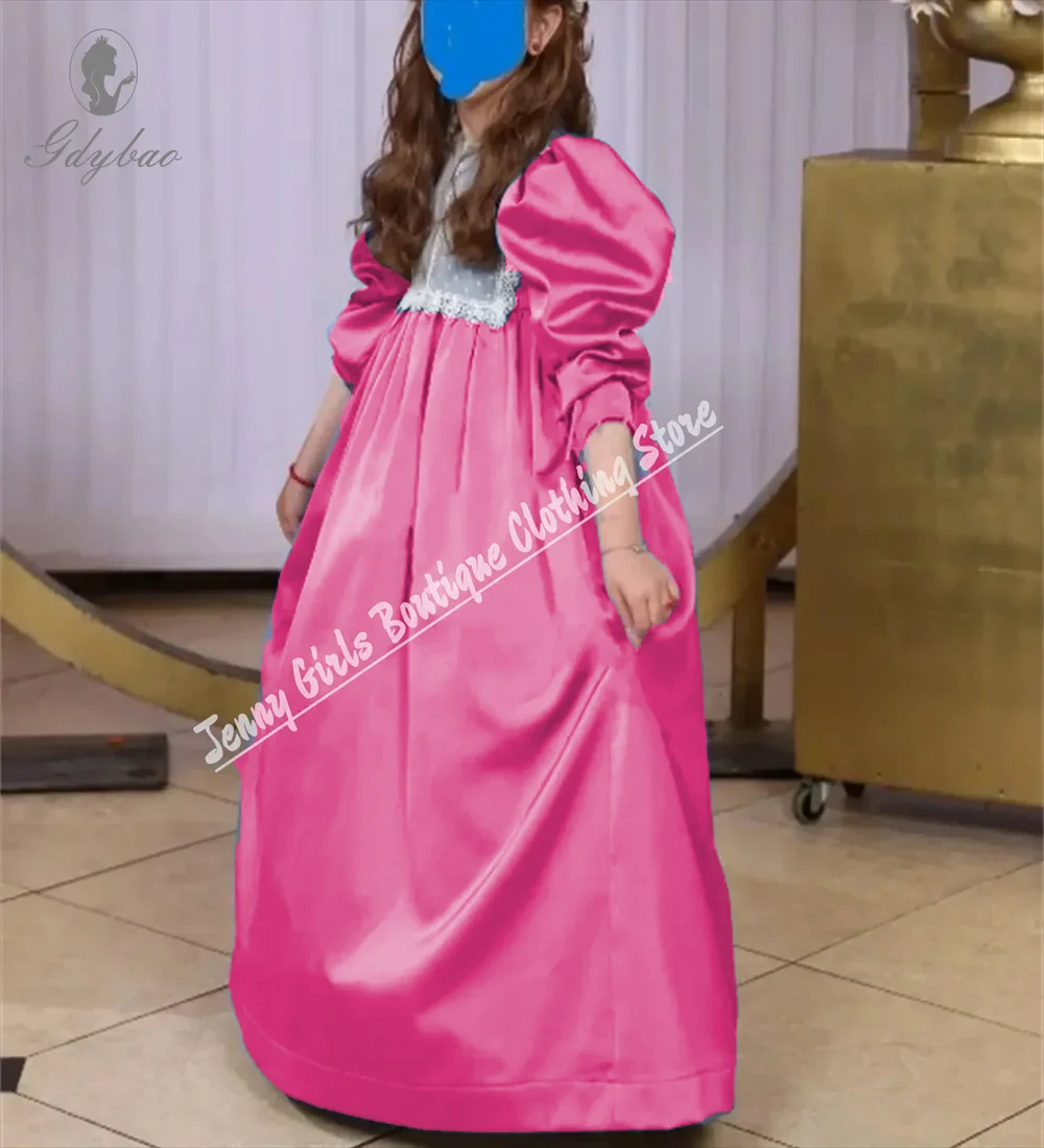 

Rose Pink Satin Customize Flower Girl Dresses White Lace Puffy Sleeve For Sisters Of The Bride First Communion Gown
