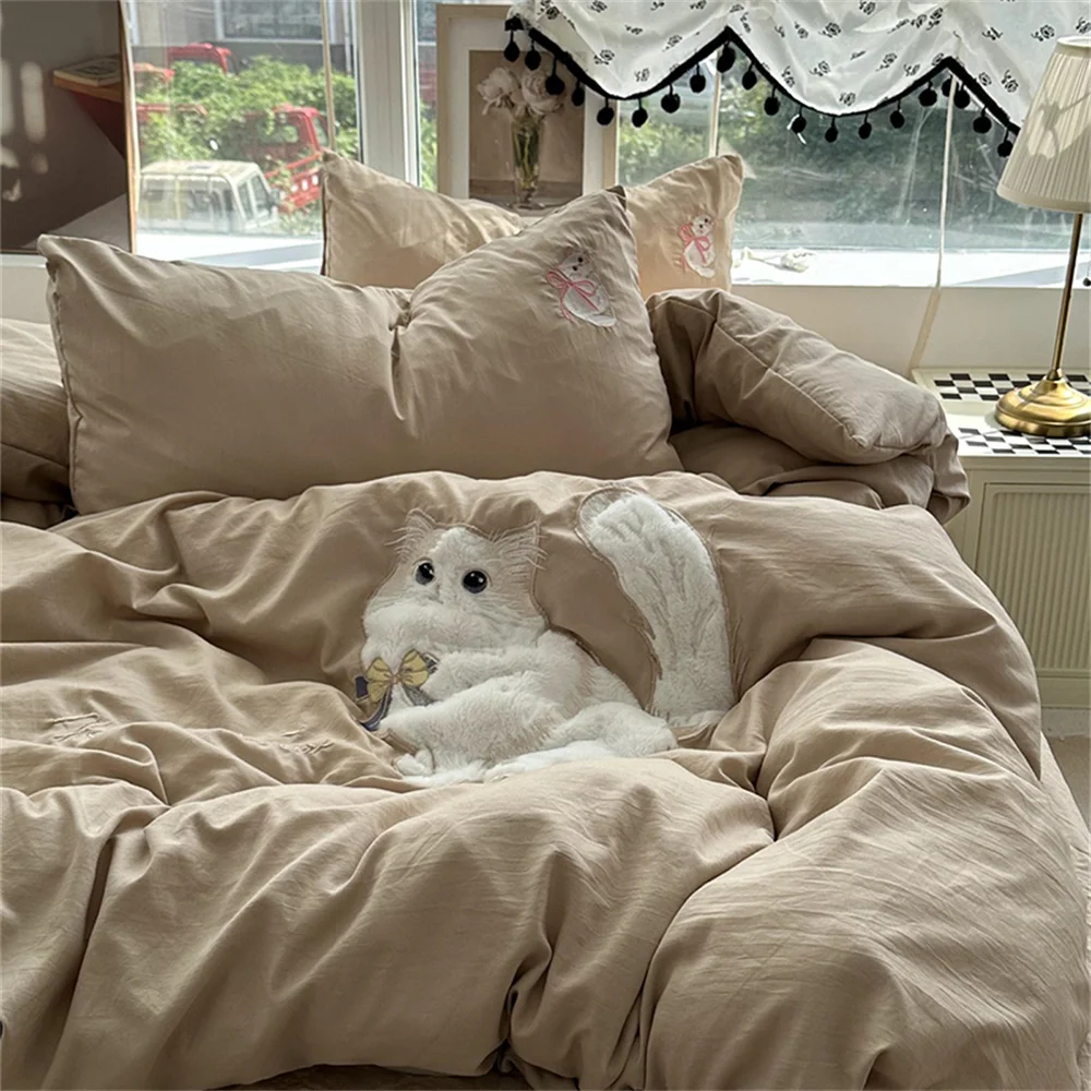 Solid Color Cat Bedding Set for Adult, Twin, Full, Queen Size Bed Linen, Floral Bed, Flat Sheet, Pillowcase Cream Style, Ins