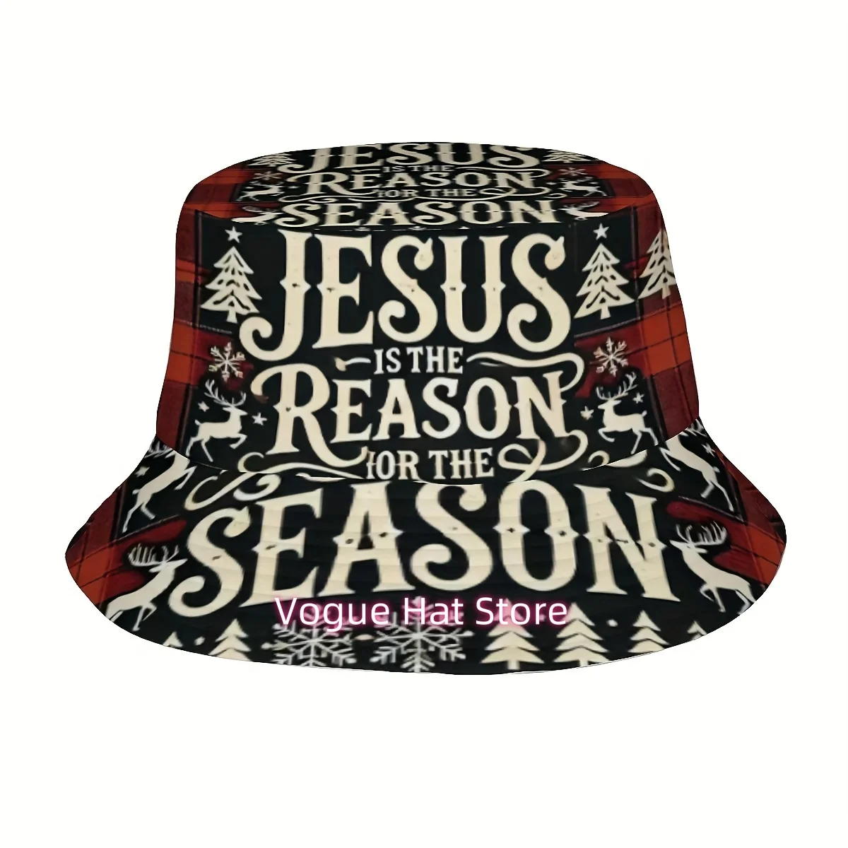 1pc 1pcs 1pc Unisex Jesus-Themed Bucket Hat with Snowflakes, Trees & Reindeer Print - Statement Hat Suitable for Outdoor, Golf,