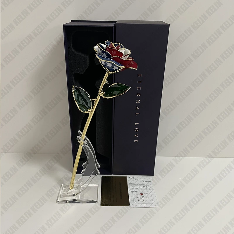 

Beautiful Home Decoration USA Flag Deigned 24K Gold Plated Rose with Gift Box andStand for Valentines Day Women Day Gift