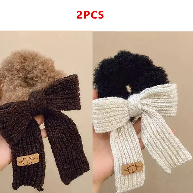 2PCS Autumn/Winter Woolen Bow Women Plush Large Intestine Hair Hoop Elegant and Cute Headrope Tie Hair Elastic Headpiece Women