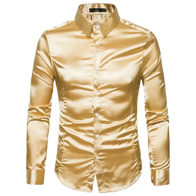 New Men Shirt  Satin Smooth Men Solid Tuxedo Business Shirt Men Casual Slim Fit Shiny Gold Wedding Dress Shirts