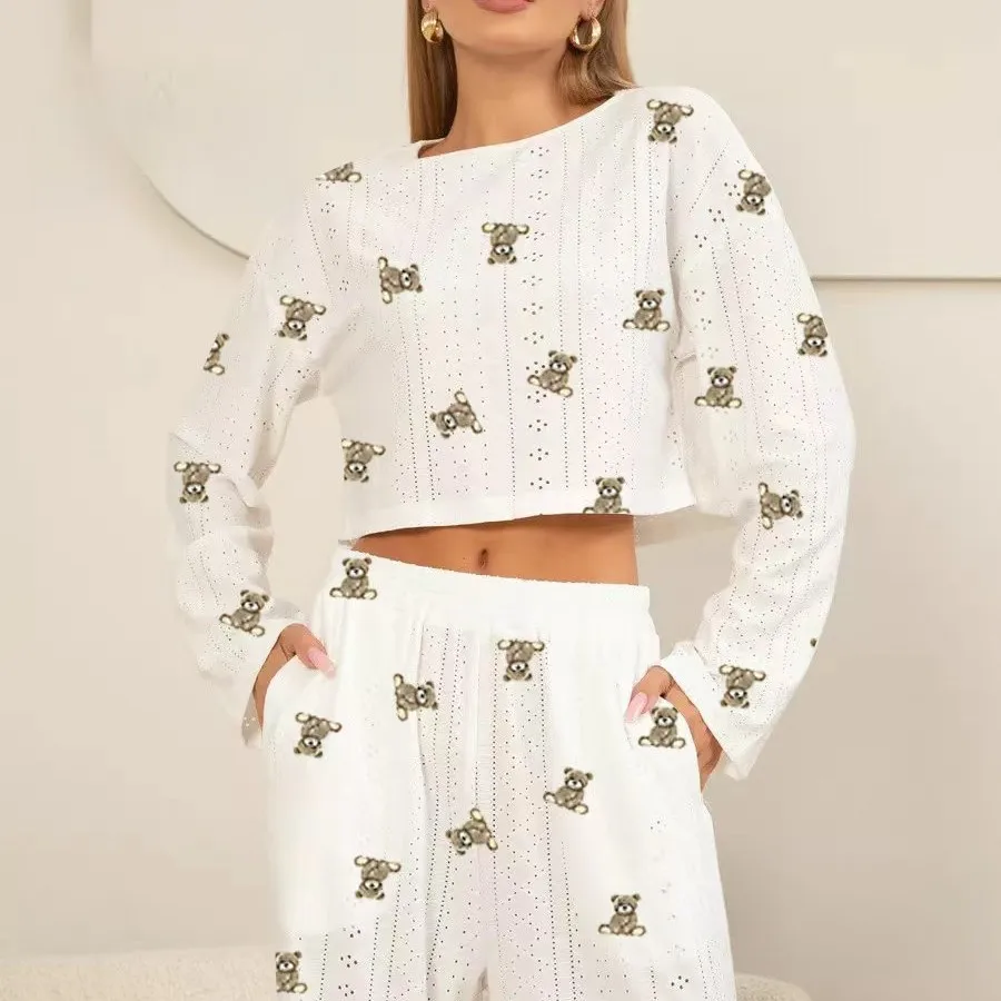 

Women Pajamas Set Autumn Crew Neck Hollow Jacquard Small Love Printed Trousers Long Sleeves Hot Sale Women's Pajamas Homewear