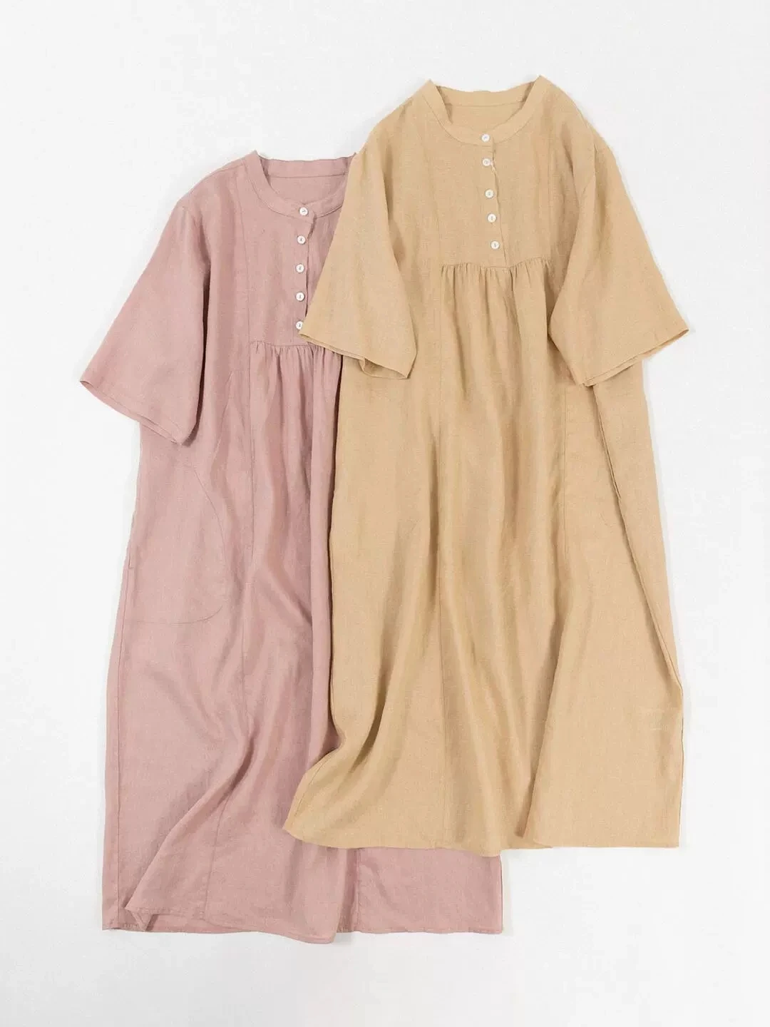 120cm Bust / Summer Women Basic Loose Cute Comfortable Natural Breathable Water Washed Thin 17*21 Linen Long Shirt Dresses