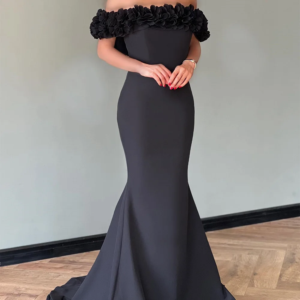 Strapless Off The Shoulder Ruches Korte Mouwen Jersey Zeemeermin Vloer Lengte Open Rug Effen Kleur Avondjurk Op Maat 2024