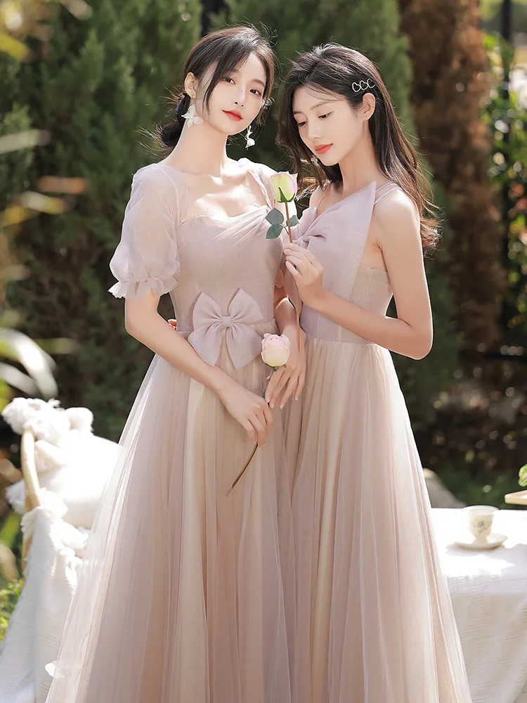 Sweet Pink Bridesmaid Dress 4 Styles Off Shoulder Bow Evening Dresses Classic Tulle Elegant Lace up Wedding Female Guest Gown