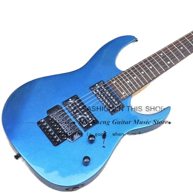 7 String Electric Guitar RG Metal Blue Guitar  Basswood Body  Rosewood Fingerboard Tremolo Bridge Black Tuners 24 Frets