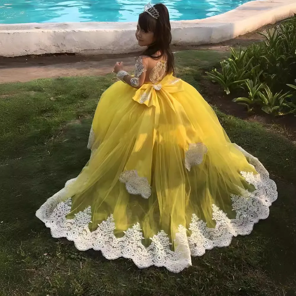 Communie Geel Tule Lange Mouw Bloemenmeisje Jurk Baljurk Kant Applique Feest Verjaardag Gezwollen Prinses Optocht voor kleine meisjes